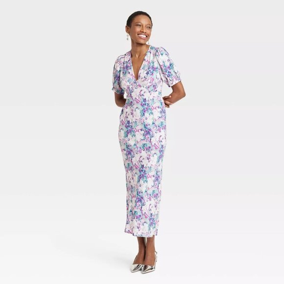 NEW A New Day Women's Crepe Puff Short Sleeve Midi Dress in Blue Floral Print - Picture 1 of 3